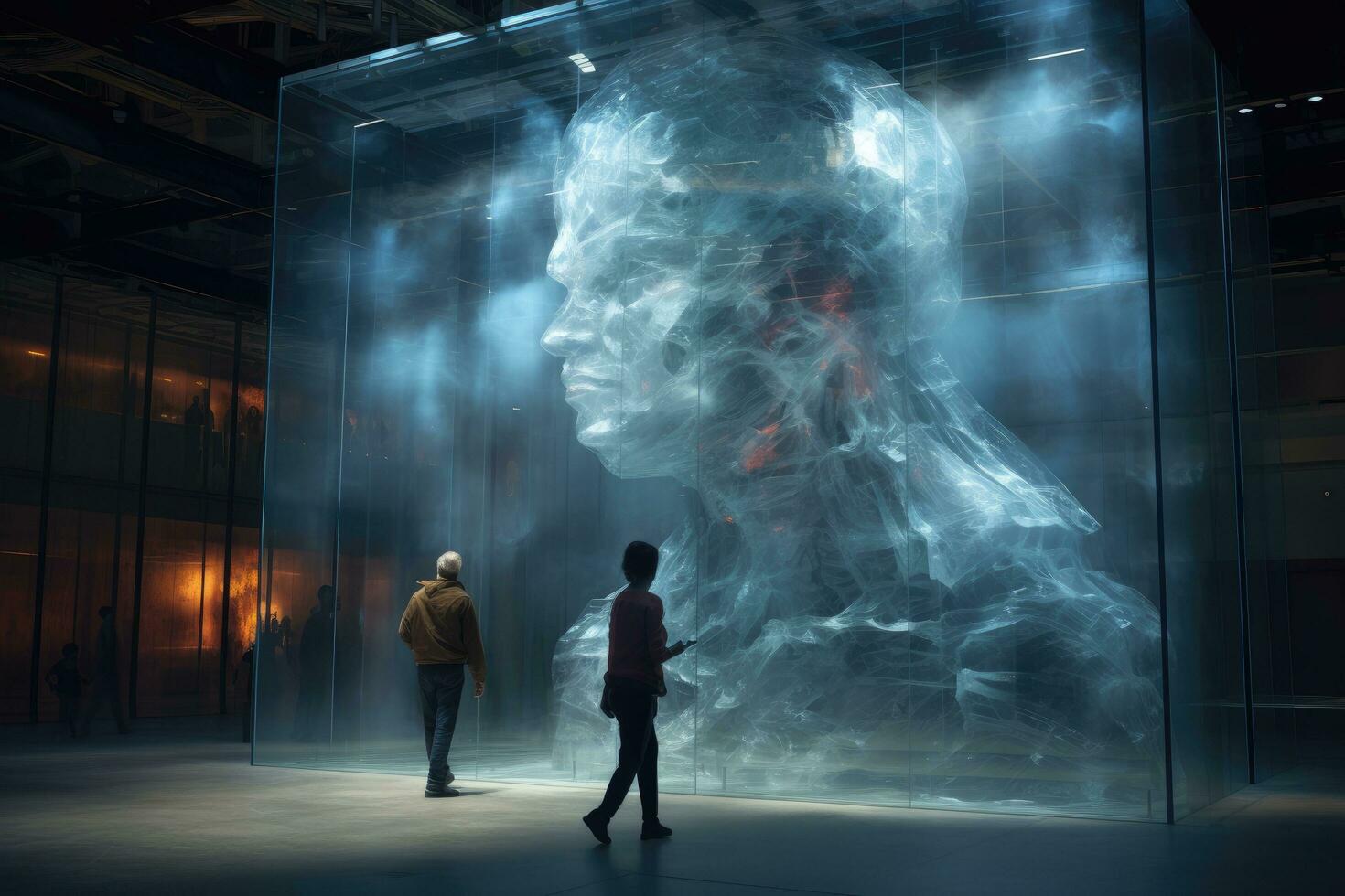 Man and woman standing in front of a glass wall with smoke, human kind, by Refik Anadol, AI Generated photo