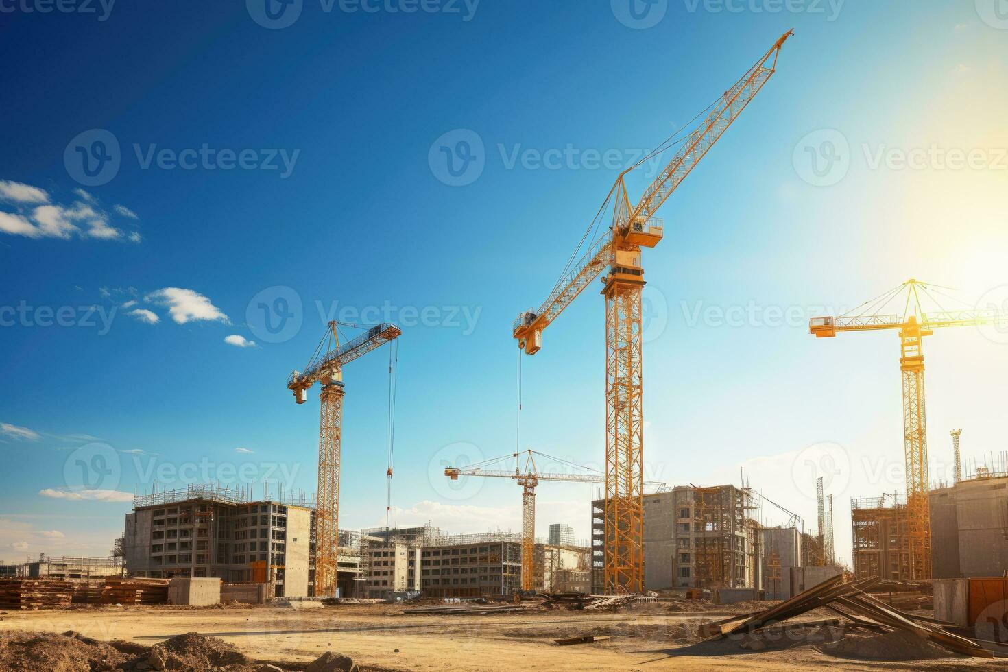 Construction site with tower cranes and building under construction against blue sky, Construction site with cranes and building against blue sky, AI Generated photo