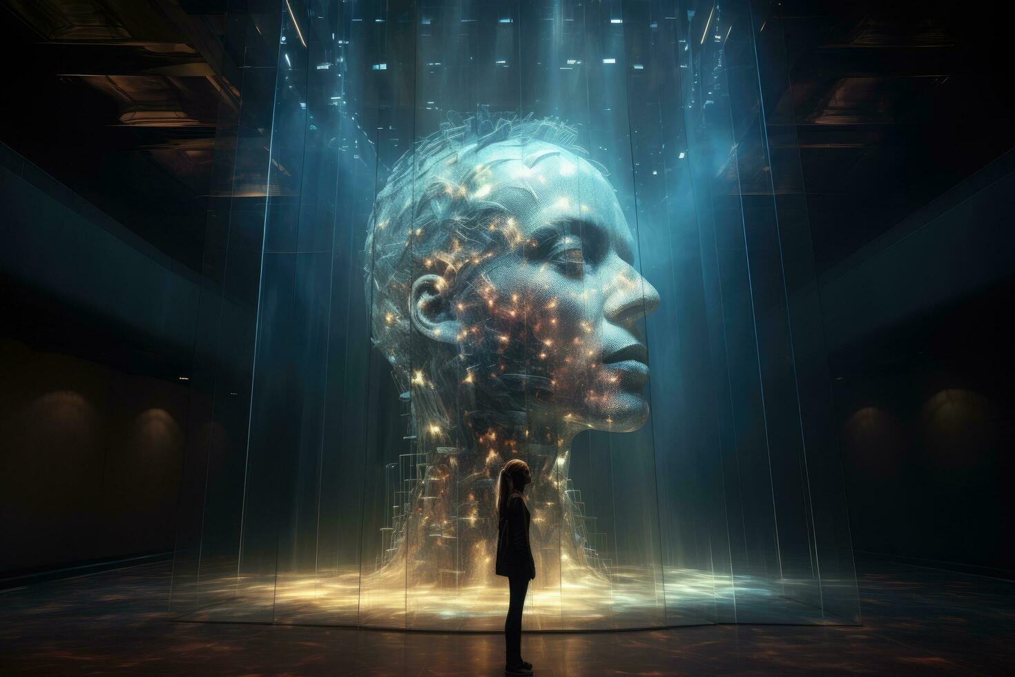 Woman looking at abstract digital hologram head. 3D Rendering, human kind, by Refik Anadol, AI Generated photo