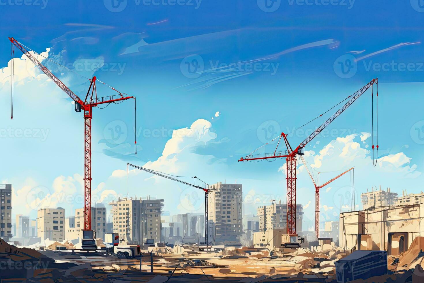 Construction site with cranes and building under construction. Vector illustration, Construction site with cranes and building against blue sky, AI Generated photo