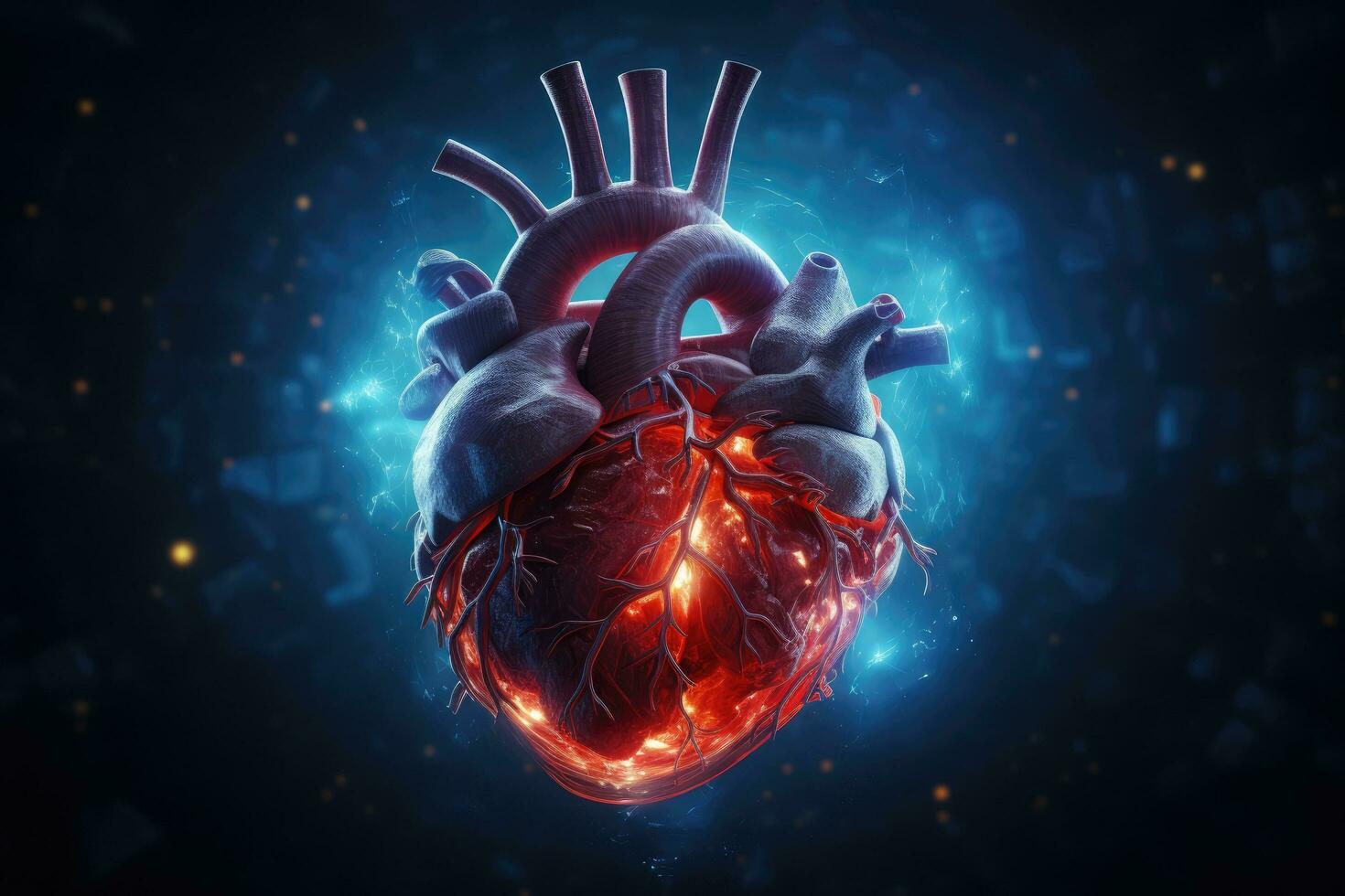 humano corazón anatomía en azul antecedentes. 3d representación con dof, humano corazón en azul antecedentes. 3d representación, 3d ilustración, ai generado foto