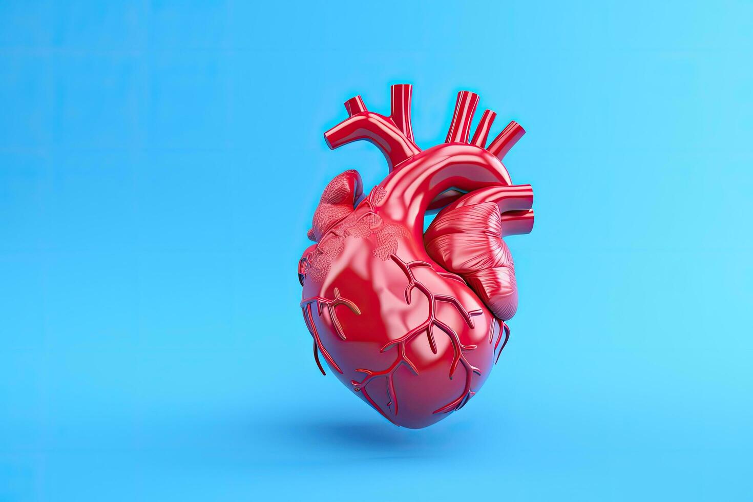 humano corazón aislado en azul antecedentes. 3d hacer ilustración de humano corazón, humano corazón en azul antecedentes. 3d representación, 3d ilustración, ai generado foto