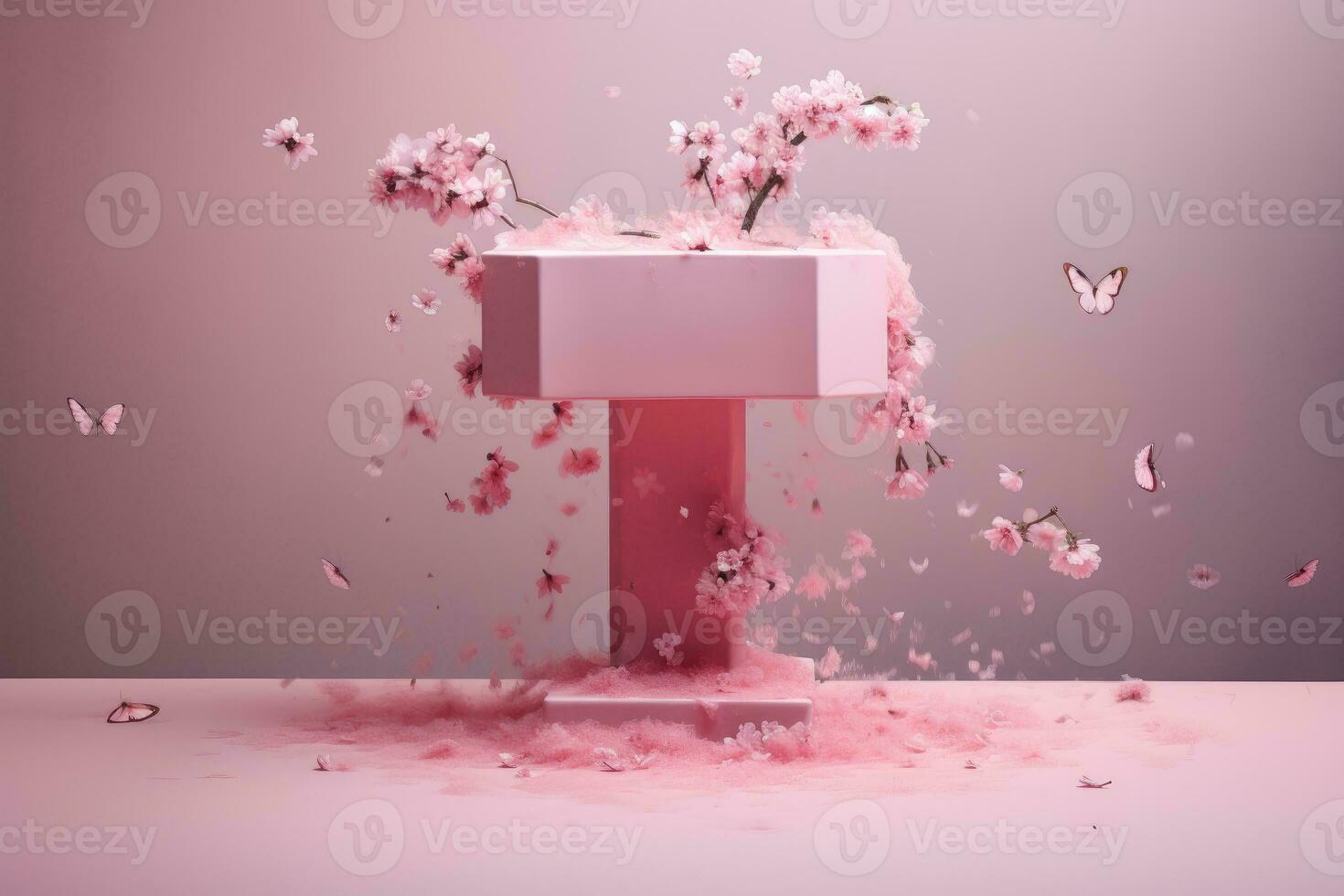 pink pedestal with cherry blossoms and butterflies, 3d render, Cosmetic pedestal, pink podium with sakura petals, AI Generated photo