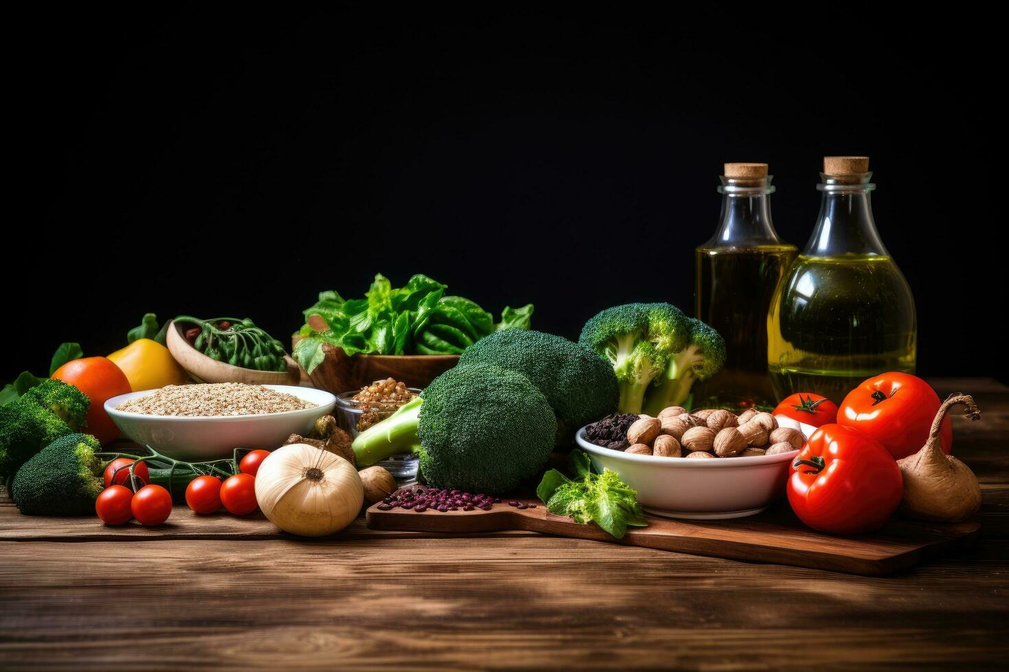 Composition with variety of organic food products on wooden table. Balanced diet, Healthy foods and exercise equipment on a wooden table, AI Generated photo