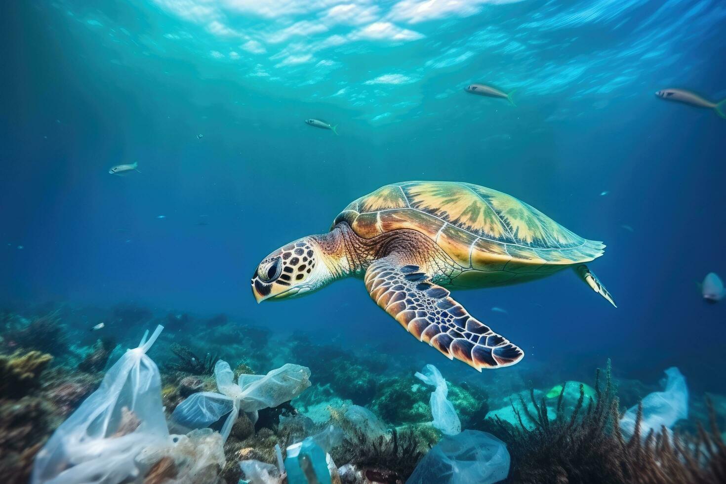 Green sea turtle with plastic trash on the bottom of the ocean, Sea turtle with plastic garbage in the ocean. Pollution of nature concept, AI Generated photo