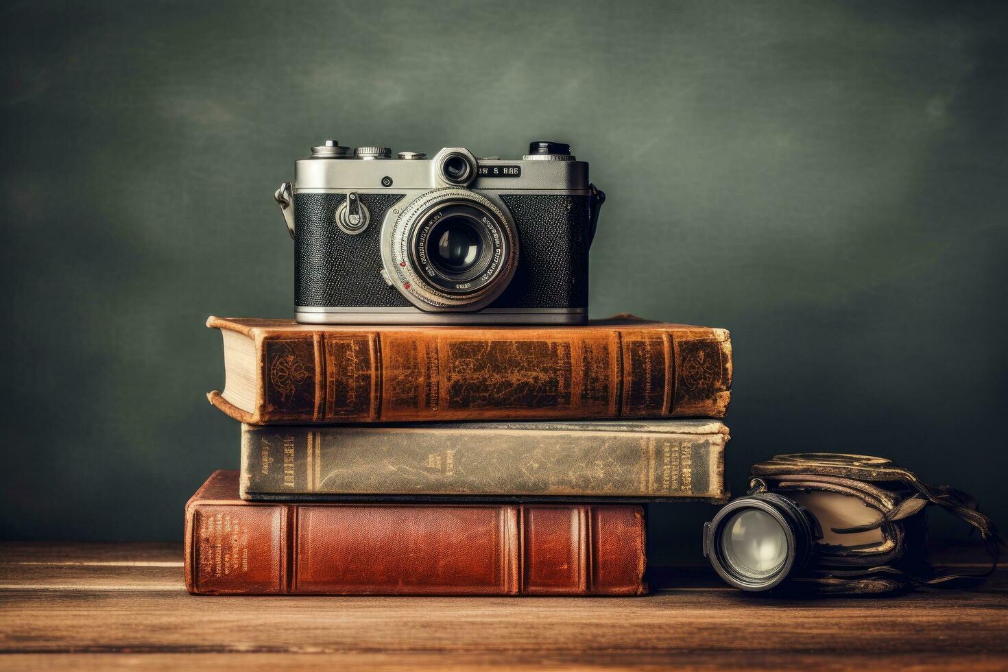 Vintage camera and books on a wooden table with chalkboard background, render of a sexy woman in black lingerie over grey background, AI Generated photo