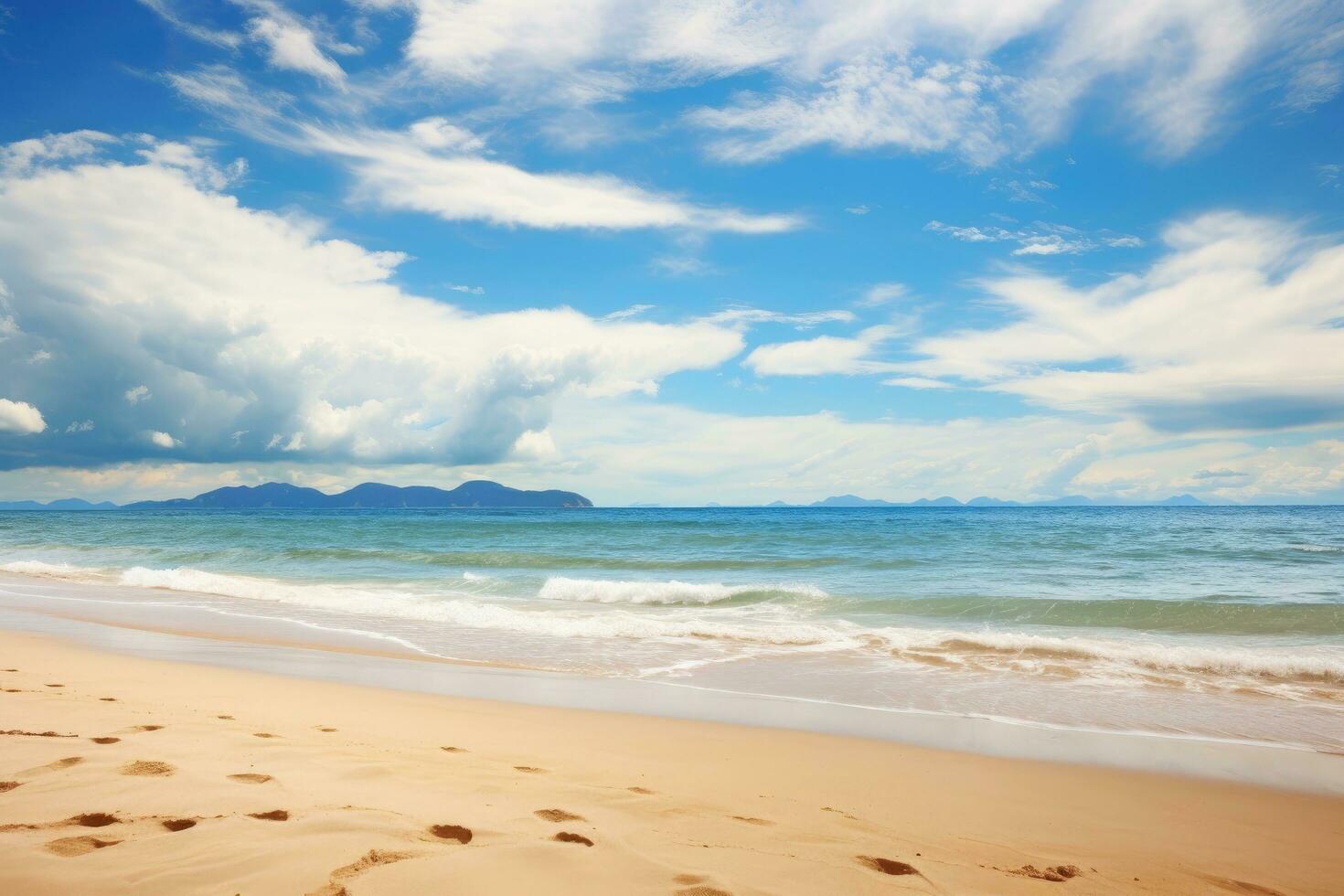 beach and tropical sea under blue sky with white clouds in summer, Silhouettes of tourists enjoying the black sand beach and ocean waves, AI Generated photo