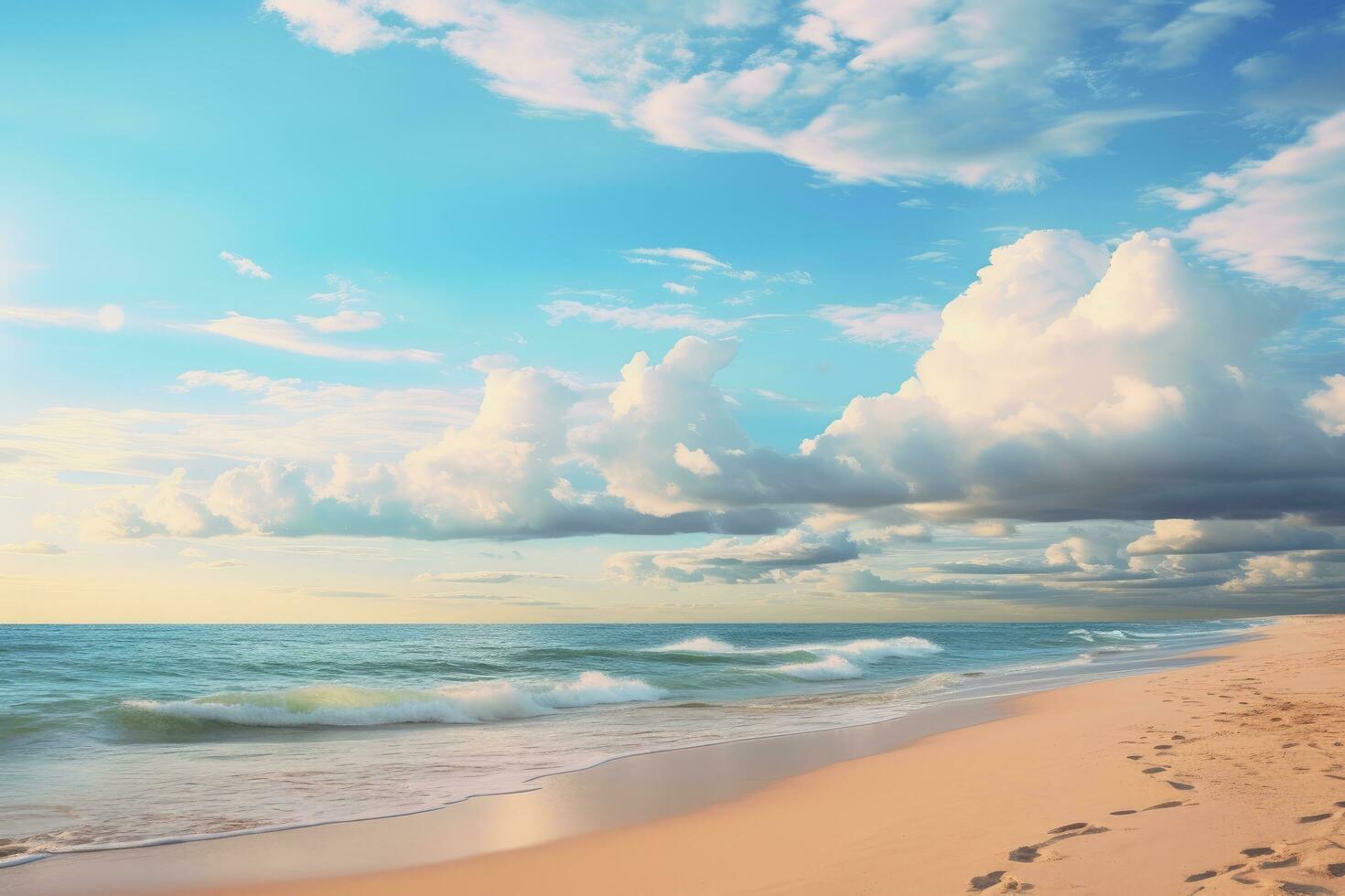 Tropical beach and blue sky with clouds. Nature background, Silhouettes of tourists enjoying the black sand beach and ocean waves, AI Generated photo
