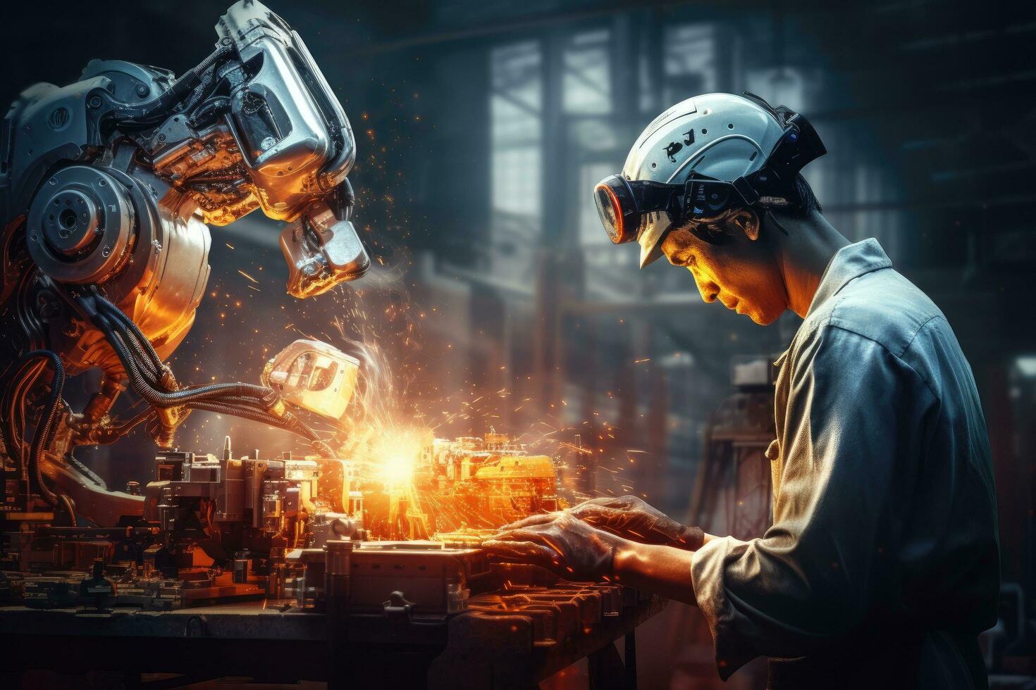 Industrial worker in safety helmet and protective mask welding robot in factory. Mixed media, Mechanized industry robot arm and factory worker working together. Mixed media, AI Generated photo