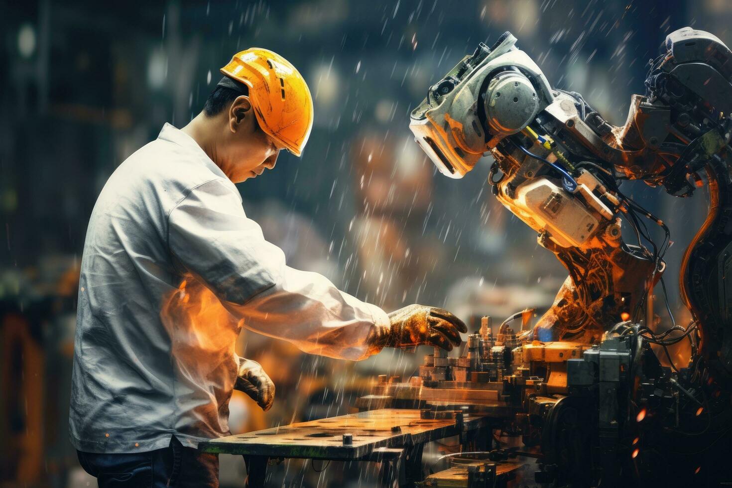 Engineer working with robot in factory. Industrial and technology concept, Mechanized industry robot arm and factory worker working together. Mixed media, AI Generated photo