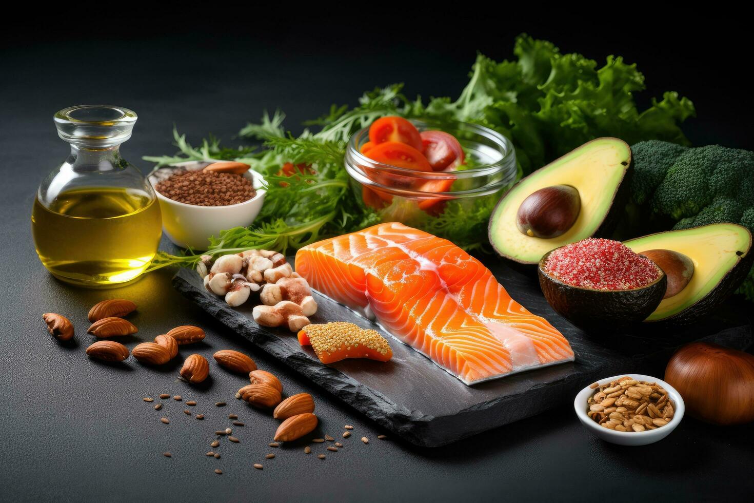 Selection of healthy food sources of omega 3 on black background, Selection of healthy food sources of omega 3, natural sources of omega 3, AI Generated photo