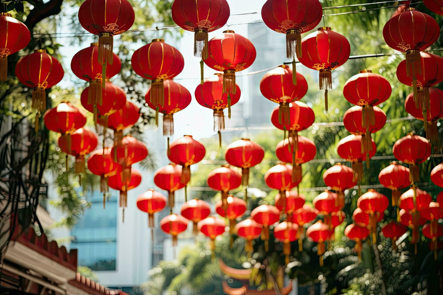 Red Chinese lanterns hanging on the tree in chinese temple, Red lanterns for Chinese New Year in the city of Bangkok, AI Generated photo