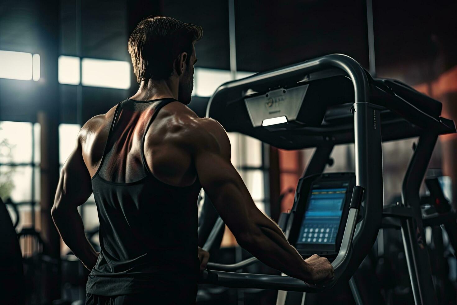 espalda ver de joven hombre hacer ejercicio en rueda de andar en gimnasia. muscular carrocero haciendo ejercicios, hombre trabajando en aptitud máquina a el gimnasia, parte superior sección recortado, ai generado foto