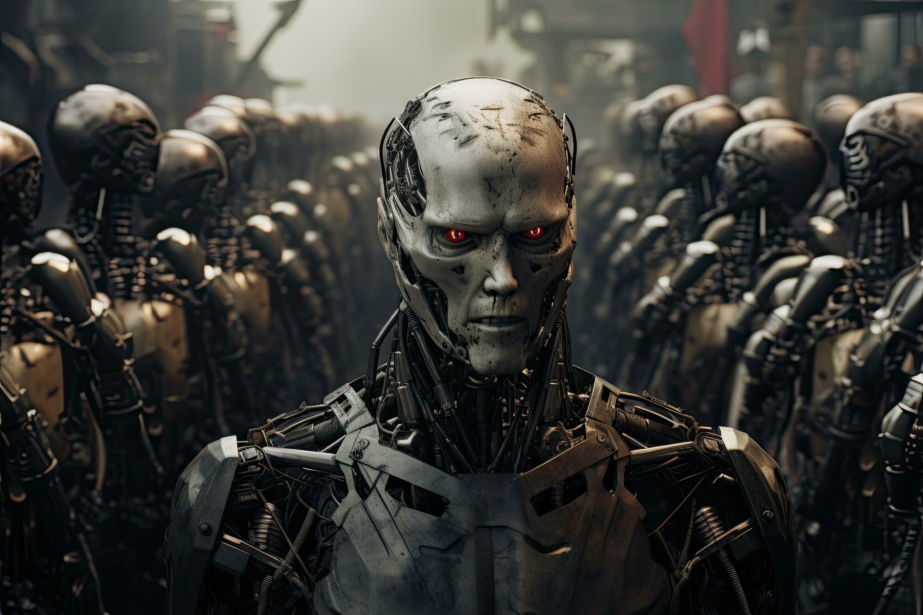 Portrait of a scary robot in the dark. 3D rendering, Humanity's Last