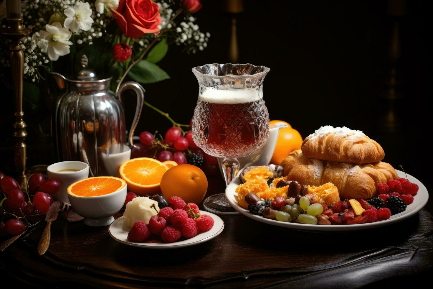 Breakfast with coffee, croissants and fruits on dark background, Rice with vegetables and shrimps on Black background, top view, AI Generated photo
