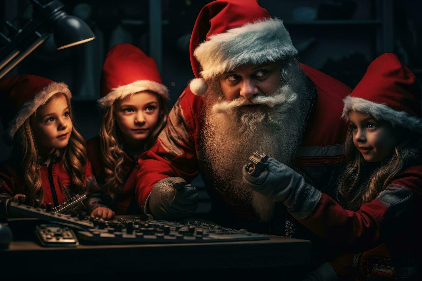 Santa Claus and his children playing computer games at home. Christmas and New Year concept, Santa clause and his tiny worker elves in the workshop. North Pole.movie style, AI Generated photo