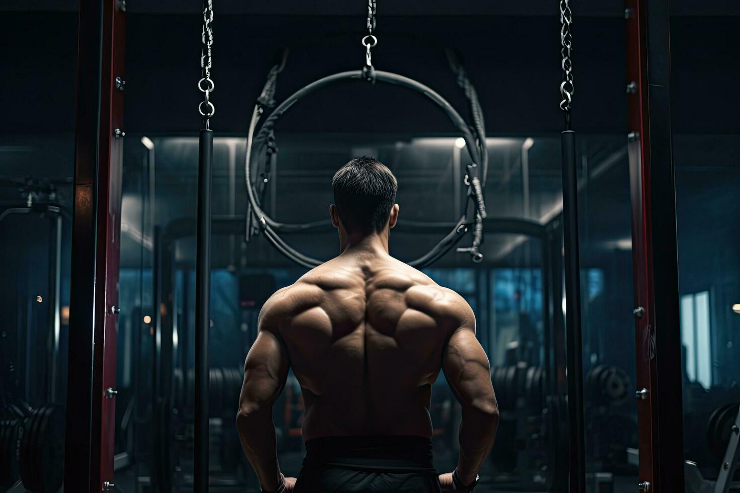 joven hombre en pie fuerte en el gimnasio y flexionando músculos muscular atlético carrocero aptitud modelo posando después ejercicios, hombre formación a gimnasio aptitud club a anillos, espalda vista, ai generado foto