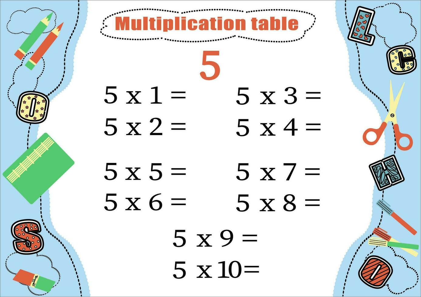 Multiplication table by 5 with a task to consolidate knowledge of multiplication. Colorful cartoon multiplication table vector for teaching math. School stationery. EPS10