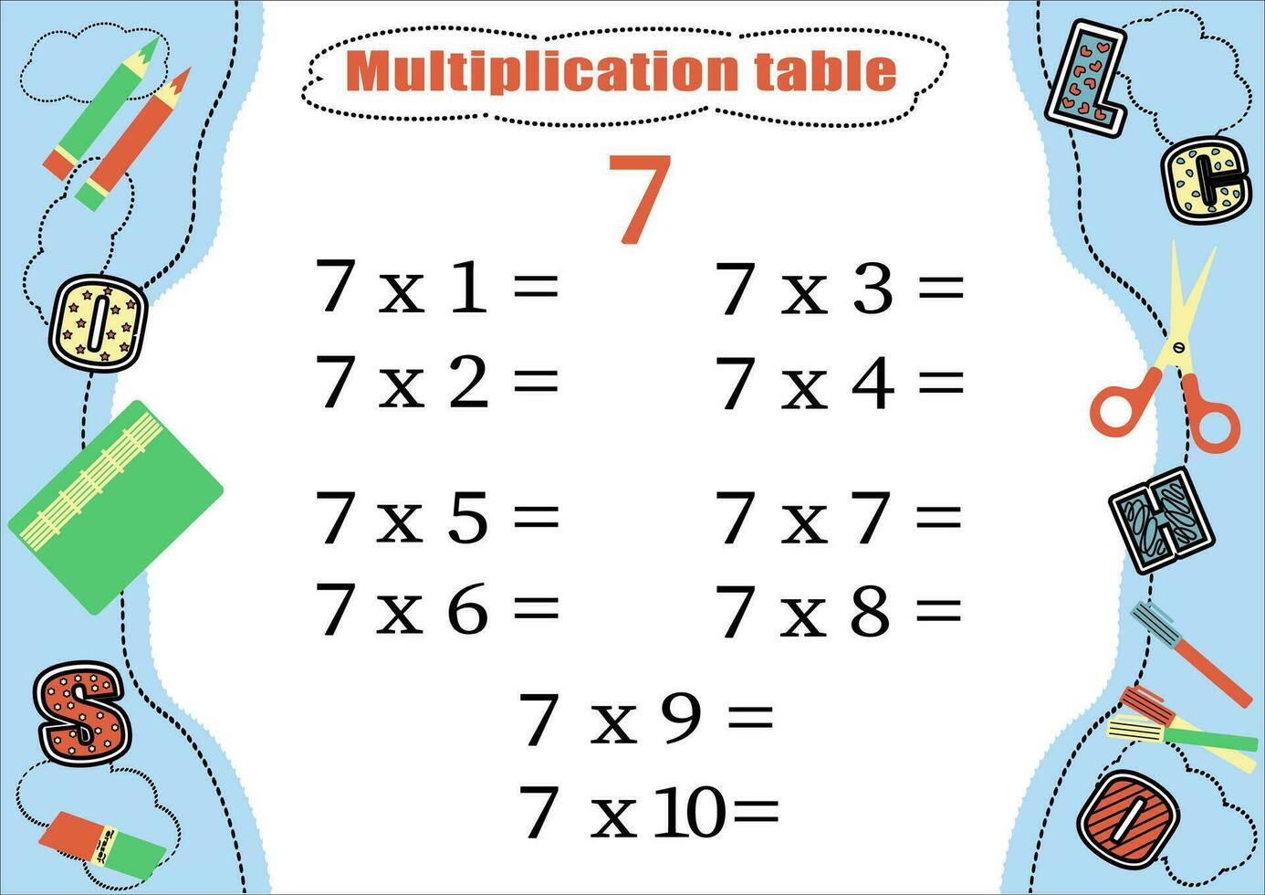Multiplication table by 7 with a task to consolidate knowledge of multiplication. Colorful cartoon multiplication table vector for teaching math. School stationery. EPS10