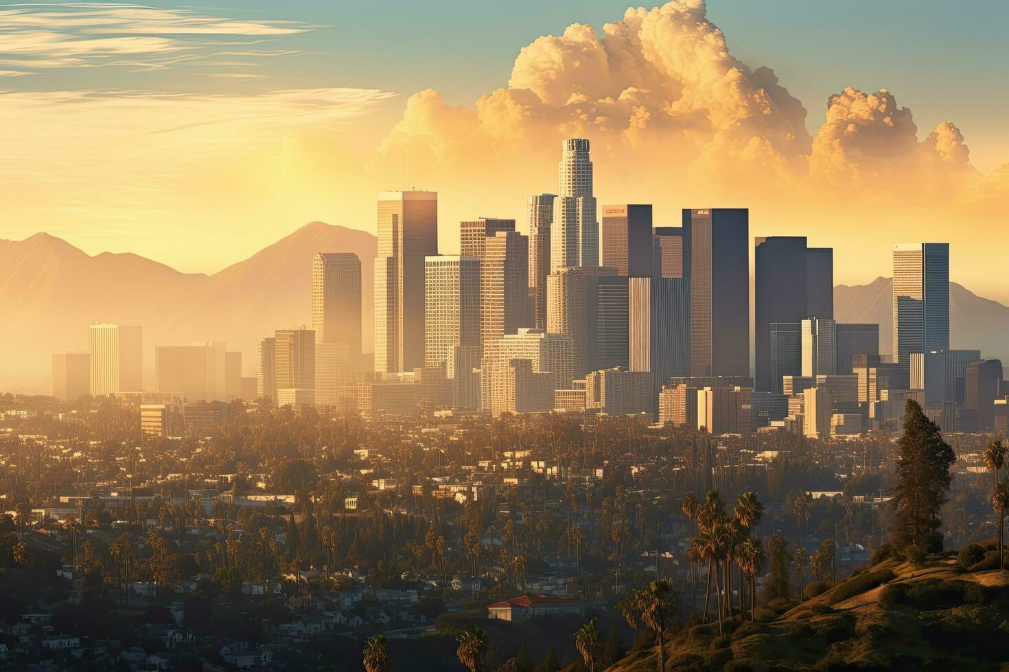 Cityscape of Los Angeles at sunset, California, United States, Skyline of Los Angeles at sunrise, California, USA. 3D rendering, AI Generated photo