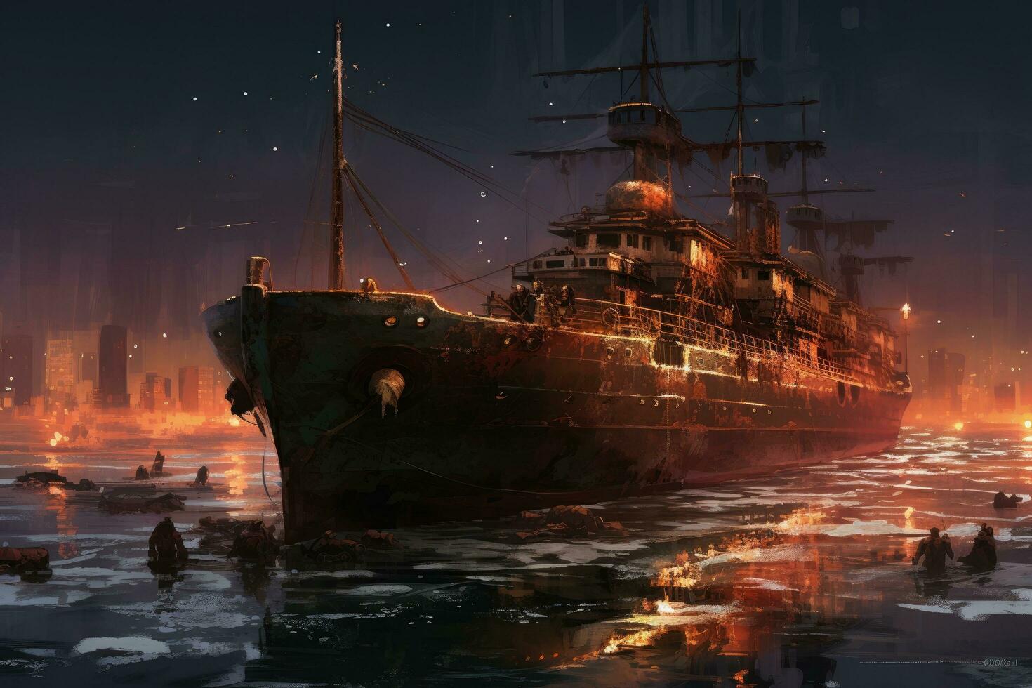 Sunken ship in the city at night. 3D rendering, small ship, sea, horror, dark, digital art, disco elysium , AI Generated photo