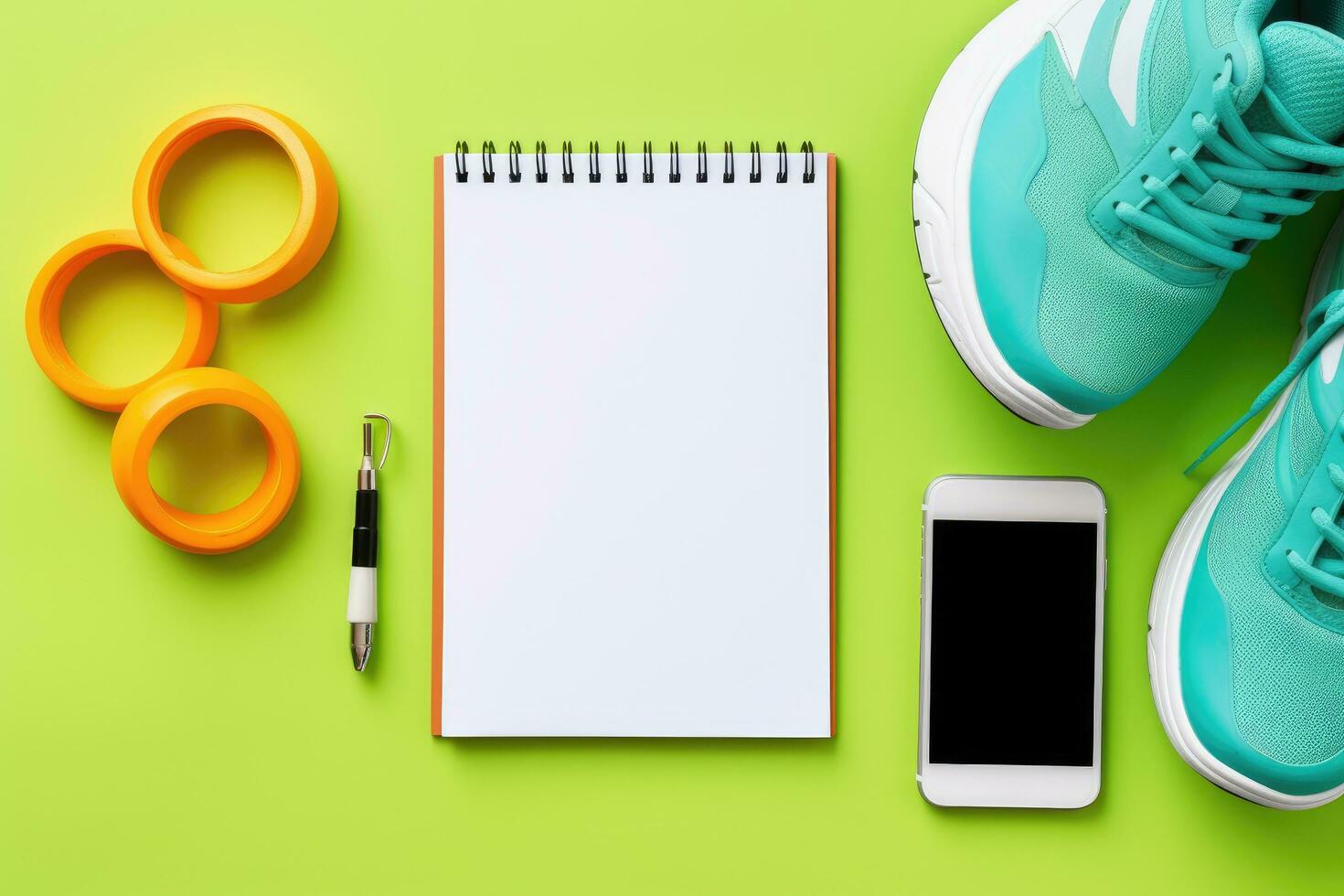 Sport equipment, sneakers, dumbbells, notebook and smartphone on green background, Sports equipment with shoes, skipping rope, blank notebook and mobile cellphone with earphones, AI Generated photo