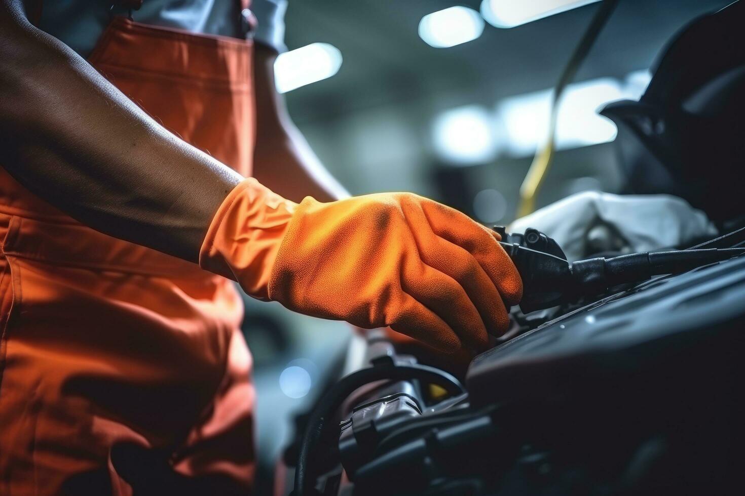 coche mecánico trabajando en auto reparar servicio. mecánico comprobación coche motor, selectivo atención manos en guantes de experto técnico eléctrico auto, ai generado foto