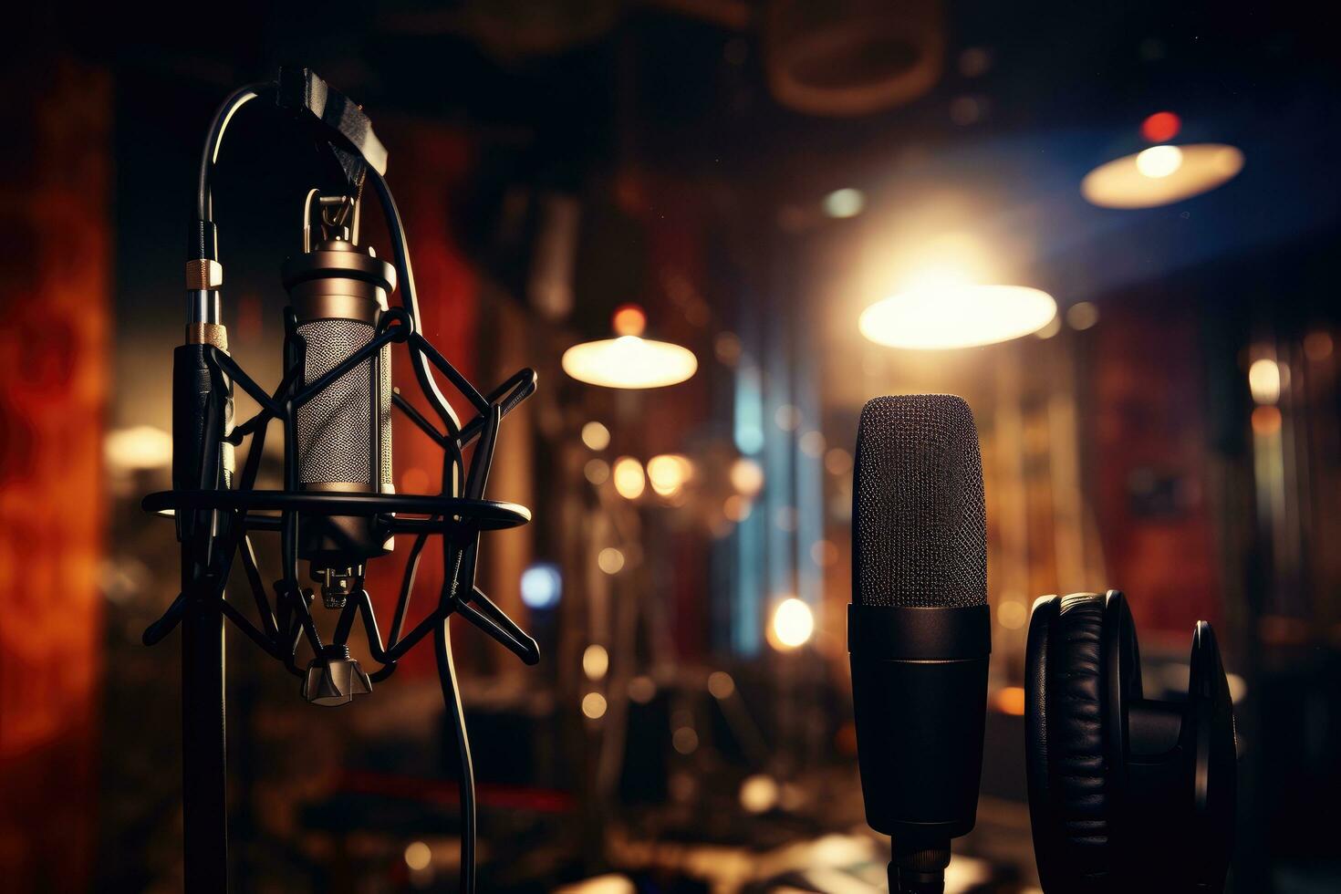 Professional microphone on stage in recording studio. Microphone and