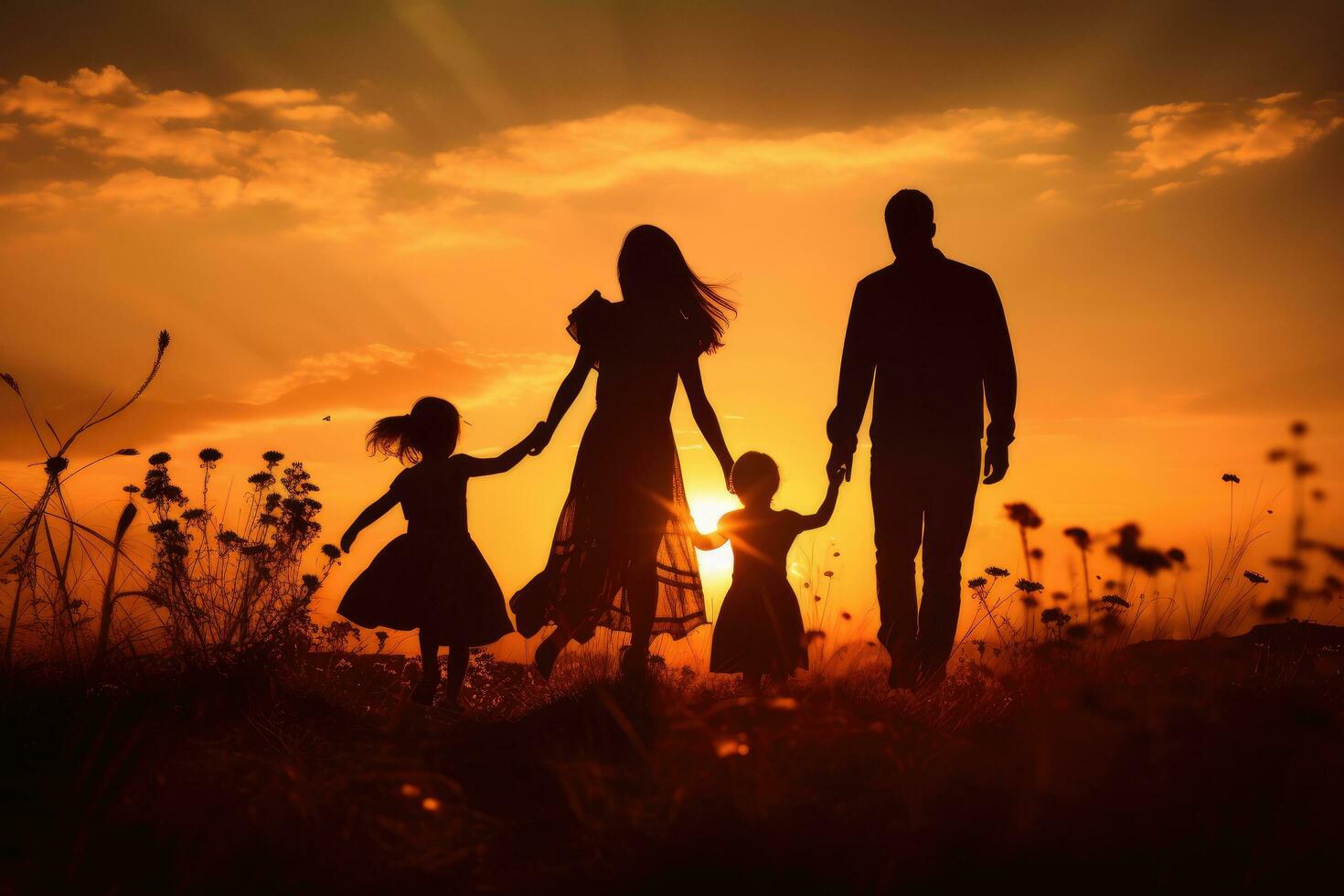 Silhouette of a happy family at sunset in the meadow, Silhouette of young couple hiker were standing at the top of the mountain looking at the stars and Milky Way over the twilight sky, AI Generated photo