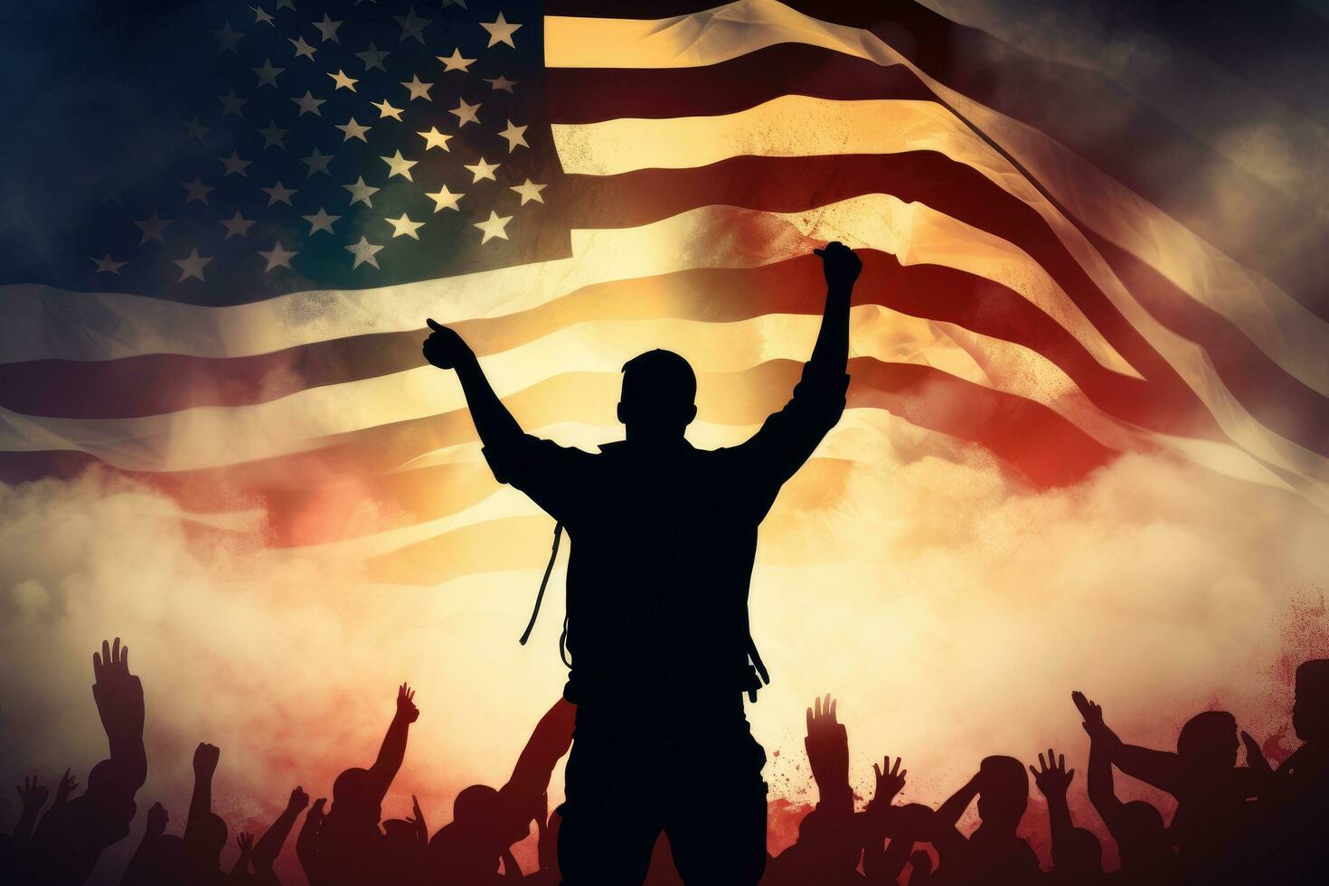 silueta de un hombre con elevado manos en el antecedentes de el americano bandera, silueta de brazos elevado ondulación un Estados Unidos bandera con orgullo, ai generado foto