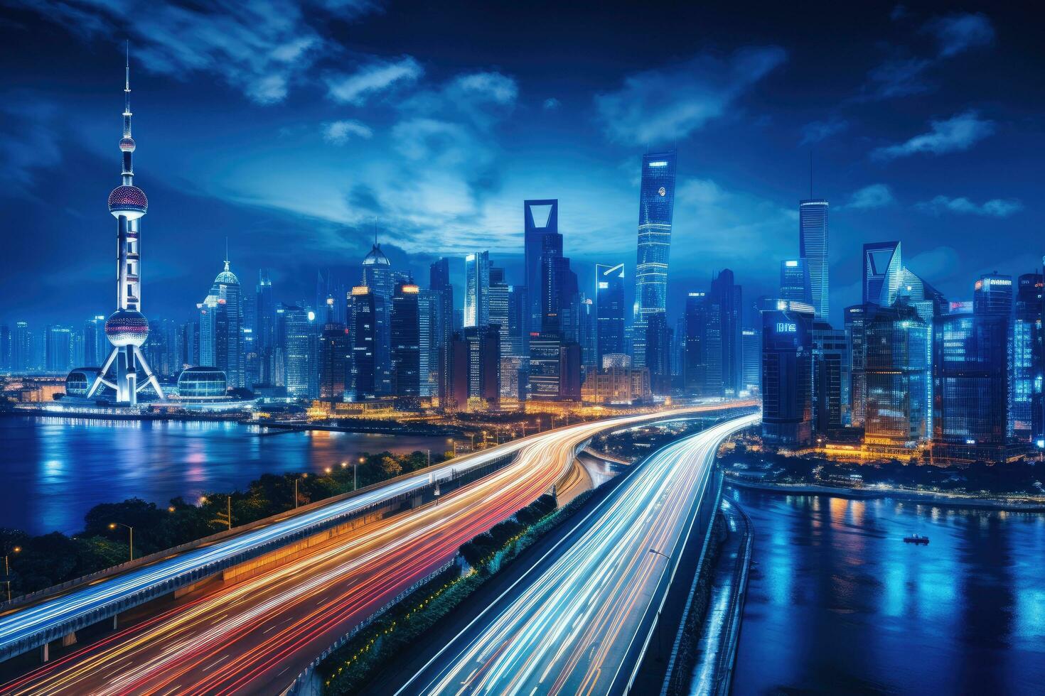 Shanghai Lujiazui Finance and Trade Zone of the modern city night background, Shanghai city skyline and expressway at night,China, AI Generated photo