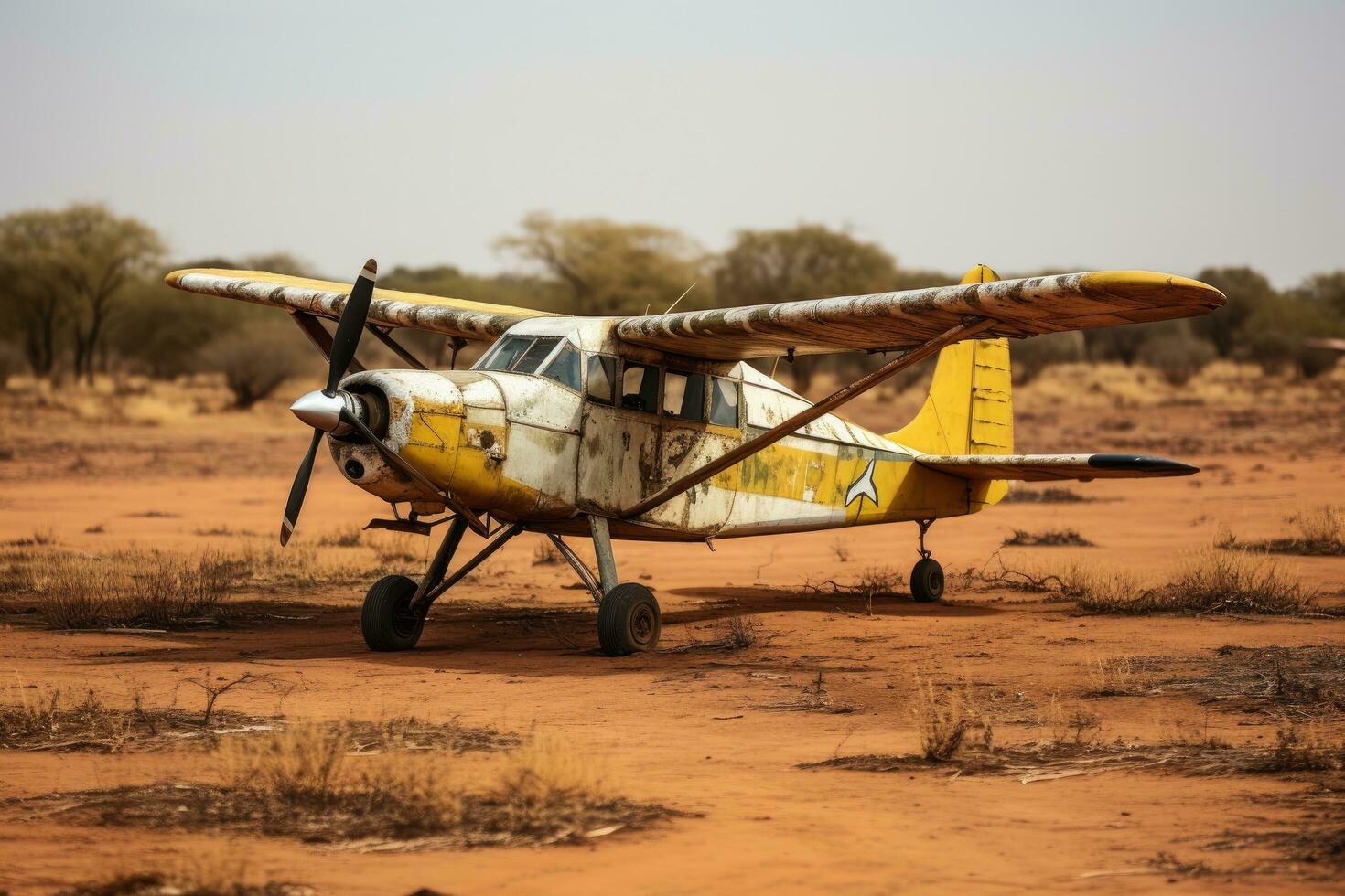 Old airplane in the desert of the Namib Desert, Namibia, small prop plane, landing on dirt landing strip in Africa, AI Generated photo