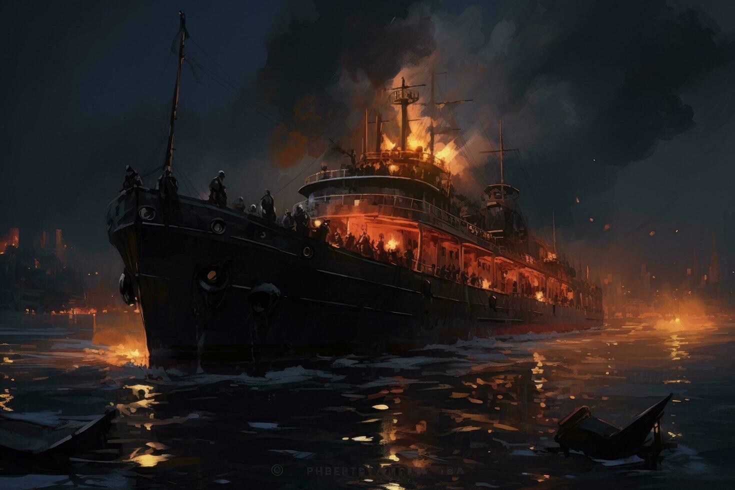 Burning ship on the river. Fire and smoke. 3D rendering, small ship, sea, horror, dark, digital art, disco elysium , AI Generated photo