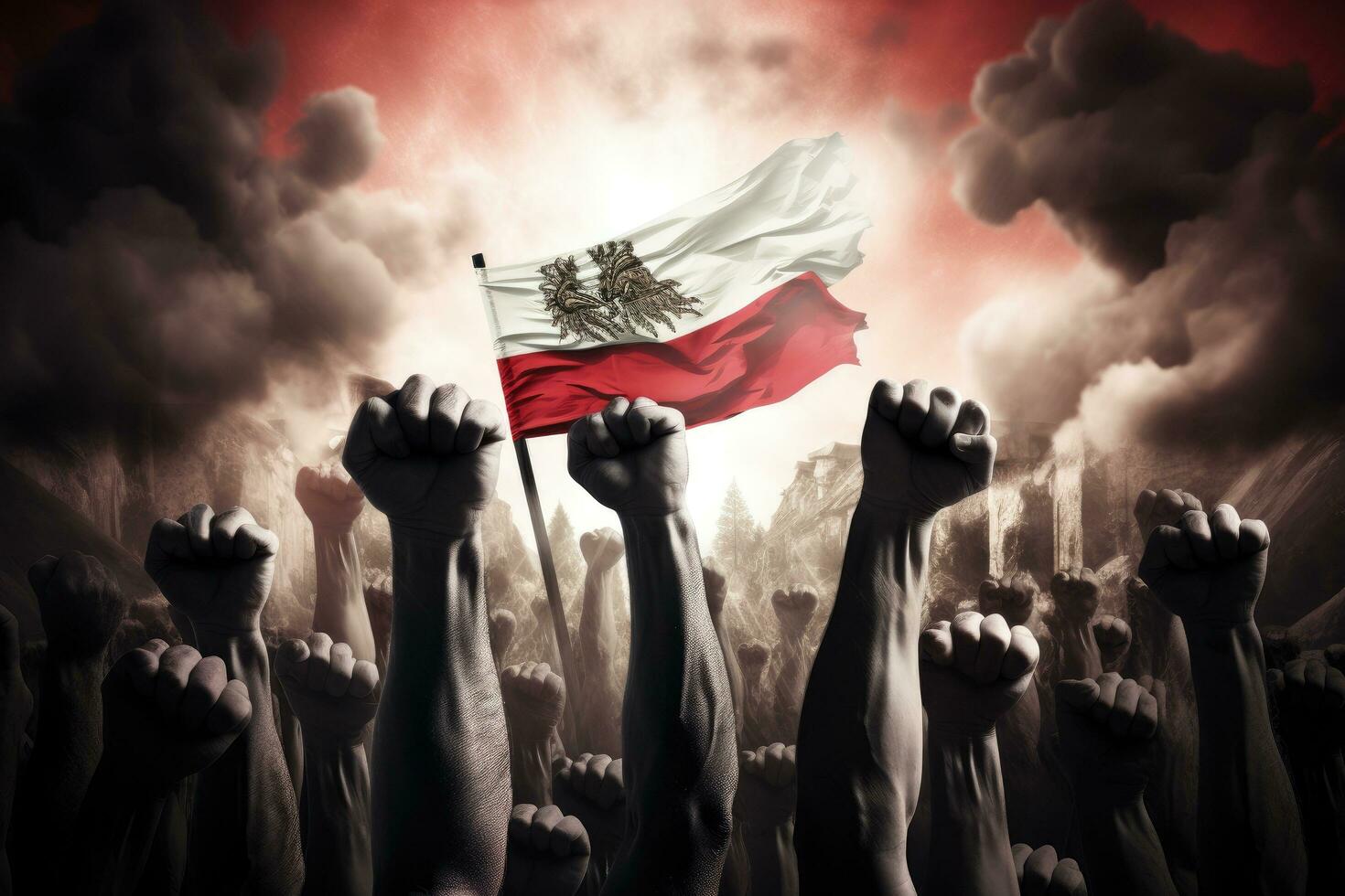 Raised hands of a man with the flag of Austria against the background of the sky with clouds, Silhouette of raised arms and clenched fists on the background of the flag of Austria, AI Generated photo