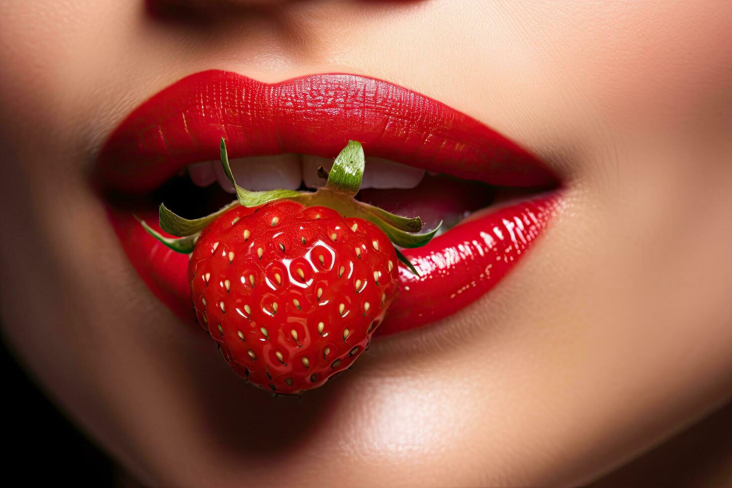 Beautiful young woman with strawberry on lips, close-up portrait, Beautiful female sexy lips, AI Generated photo
