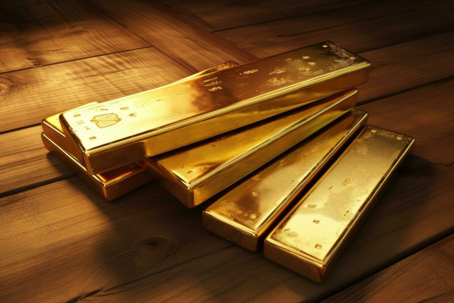 Gold bars on a wooden background. 3d rendering. Computer digital drawing, Shiny and glowing gold bars on a wooden surface, AI Generated photo