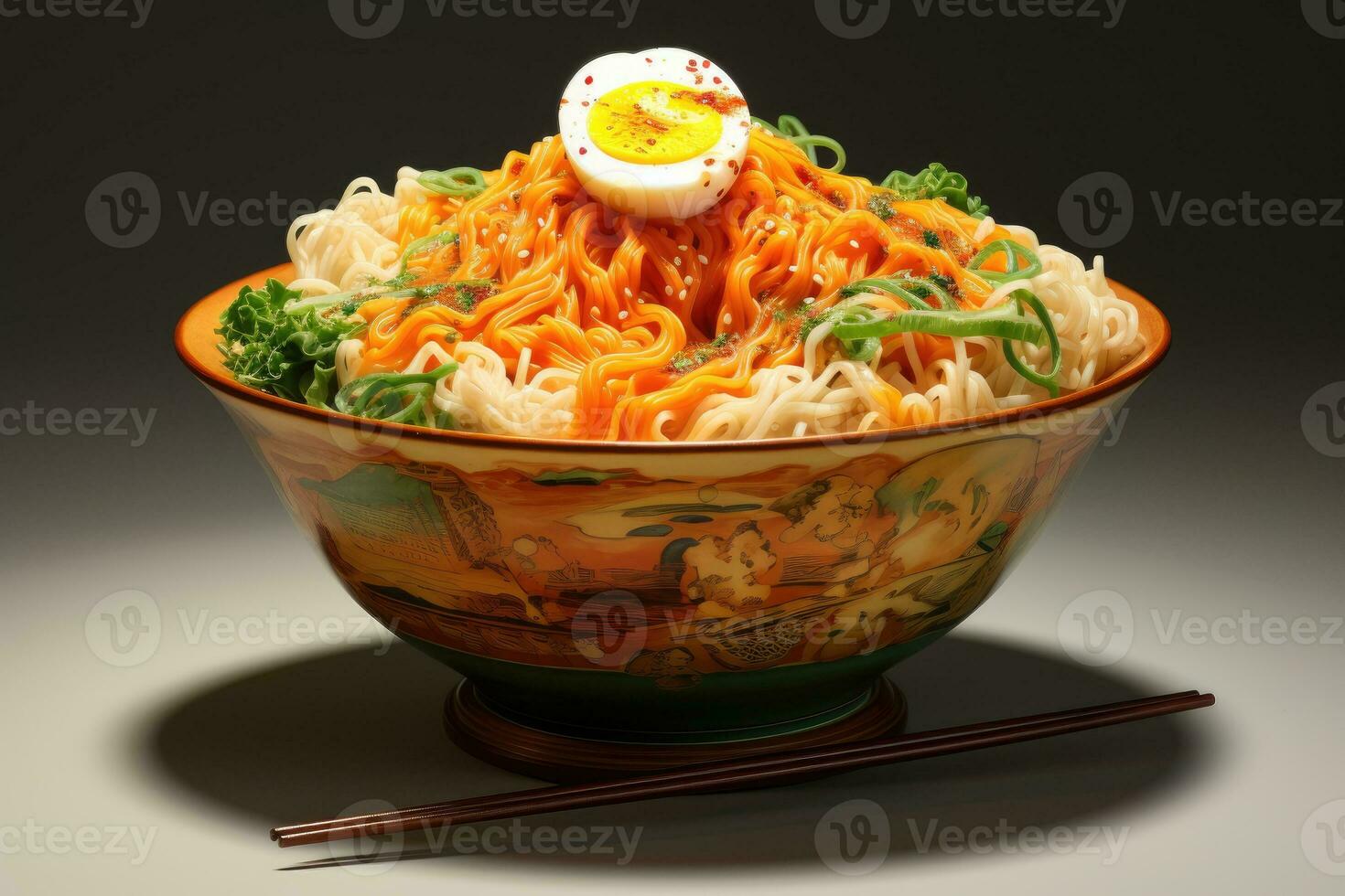 Bowl of udon noodles with egg and vegetables on gray background, Delicious bowl of ramen noodles, AI Generated photo