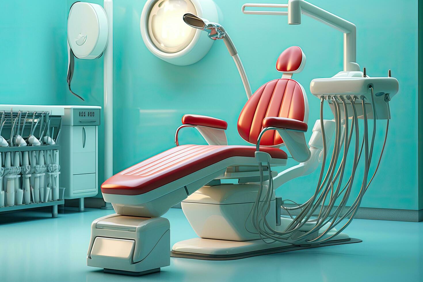 3d representación de un dental silla en el del dentista oficina, dentista silla en el dental oficina. odontología concepto, ai generado foto