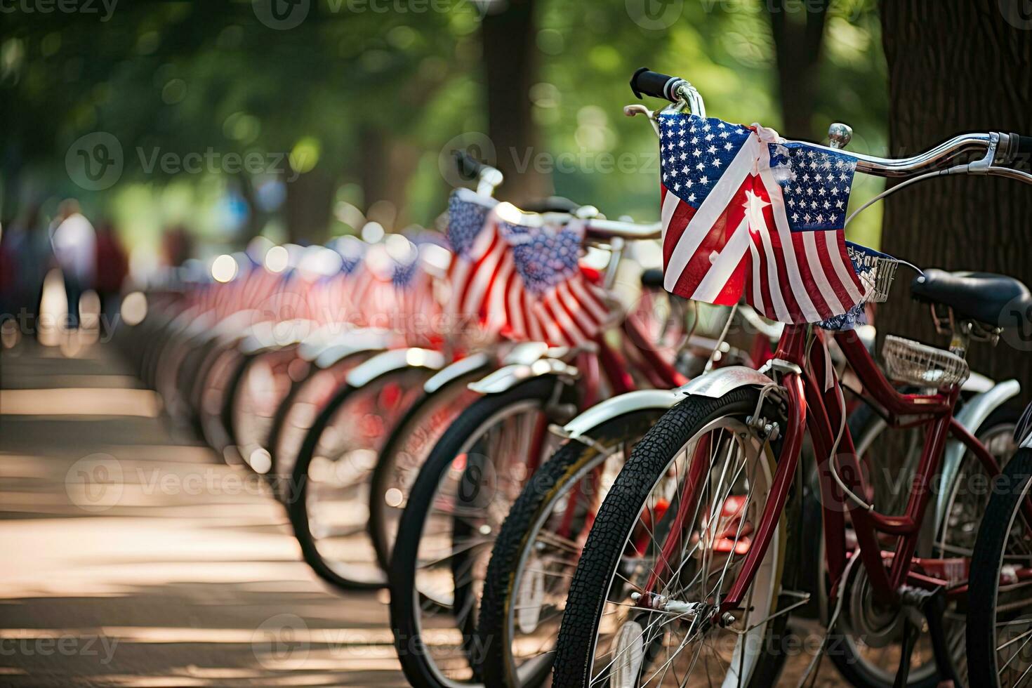 bicicletas con americano banderas en el parque en un soleado día, decorado bicicletas forrado arriba para un cuarto de julio desfile, independencia día, ai generado foto