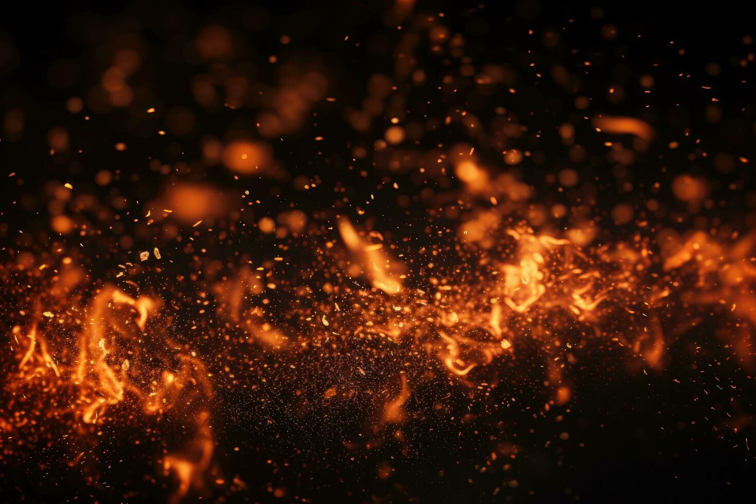 close up of burning fire flames on black background with bokeh effect, Detail of fire sparks isolated on black background, AI Generated photo