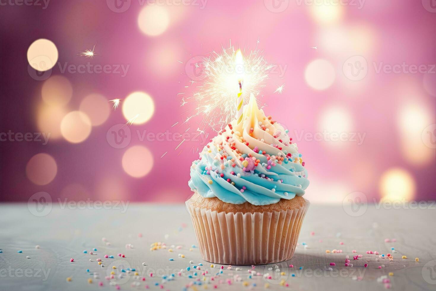 Birthday cupcake with sparkler on bokeh background, Delicious birthday cupcake on table on light background, AI Generated photo