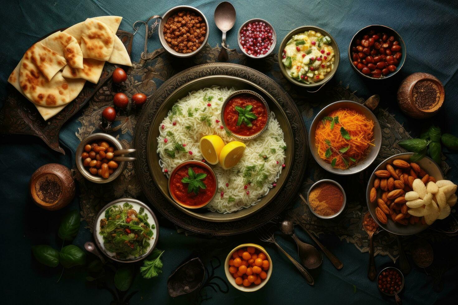 Rajasthani or Rajasthani is a popular Maharashtrian breakfast dish, Delicious food for a Ramadan feast in the table, top view, AI Generated photo