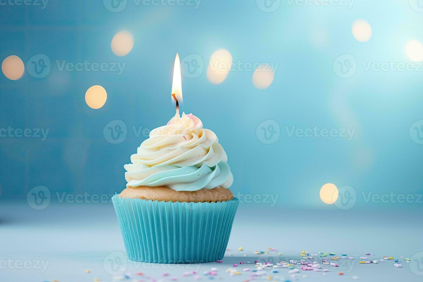 Birthday cupcake with candle on blue background with bokeh, Delicious birthday cupcake on table on light background, AI Generated photo