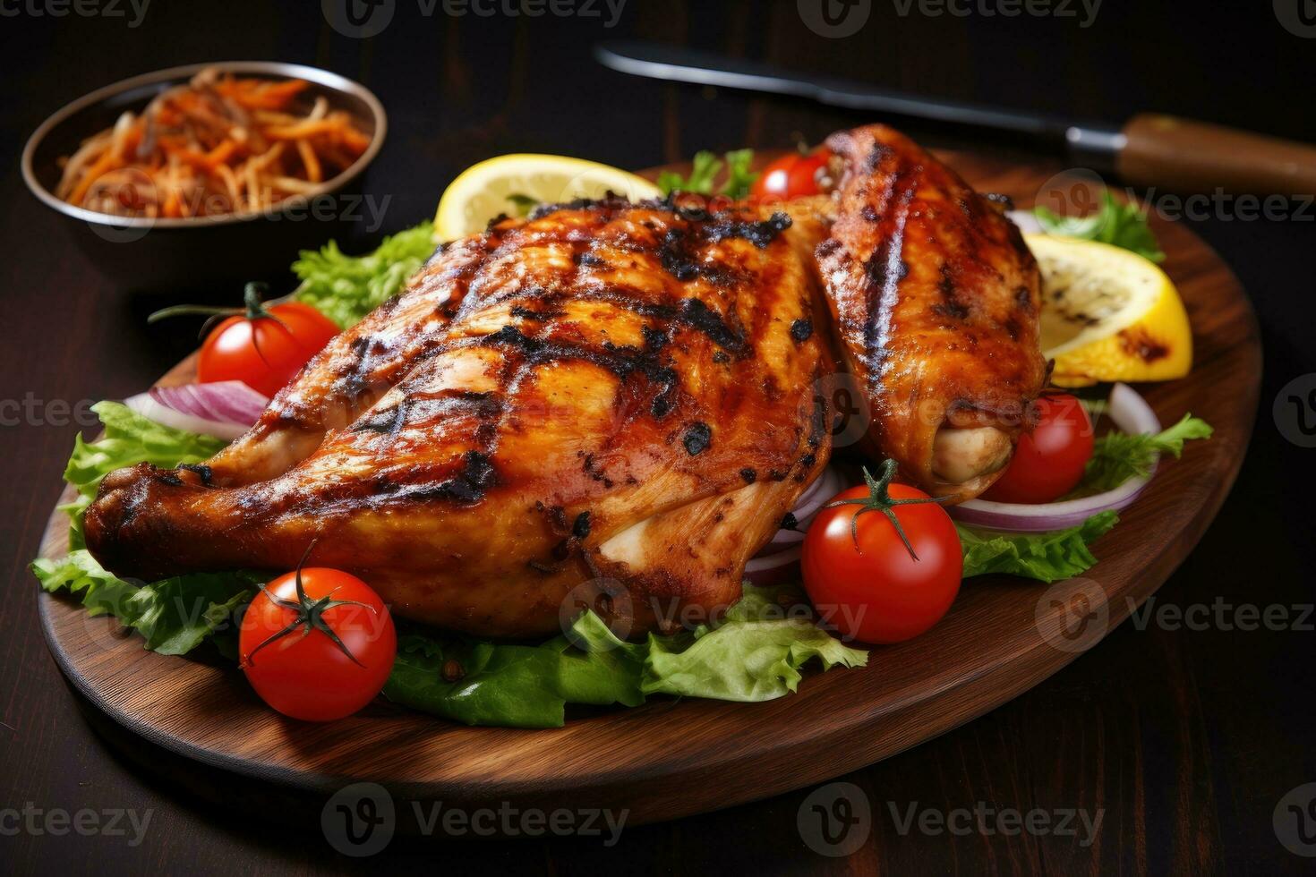 A la parrilla pollo con vegetales en un de madera lámina. oscuro fondo, delicioso A la parrilla pollo, ai generado foto