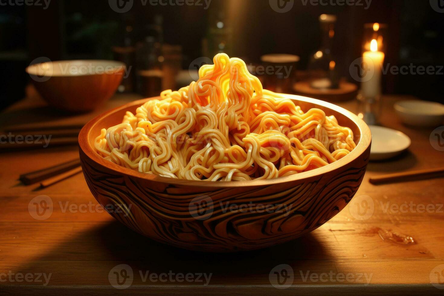 Instant noodles in wooden bowl on wooden table with burning candles in background, Delicious bowl of ramen noodles, AI Generated photo