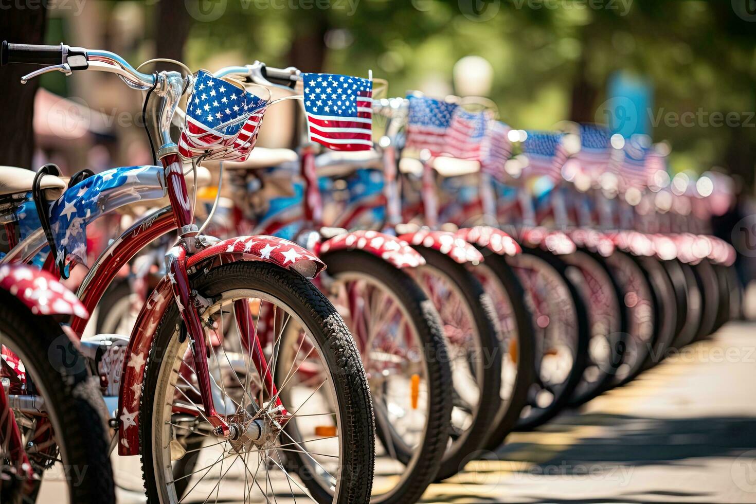 bicicletas con americano banderas en un fila en un soleado día, decorado bicicletas forrado arriba para un cuarto de julio desfile, independencia día, ai generado foto