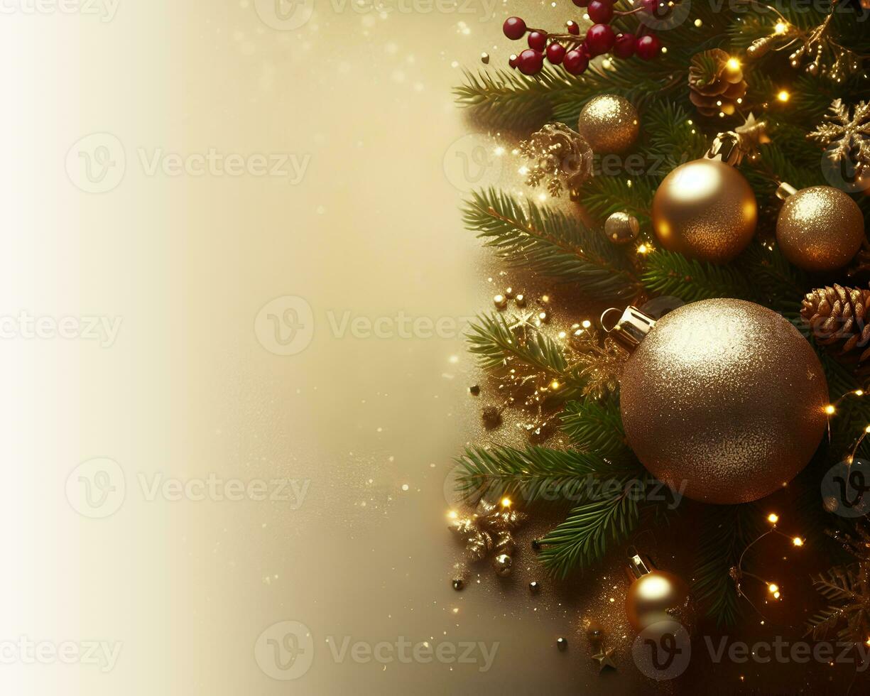 Golden christmas background with fir tree, golden balls, gift boxes and decorations. AI Generative photo