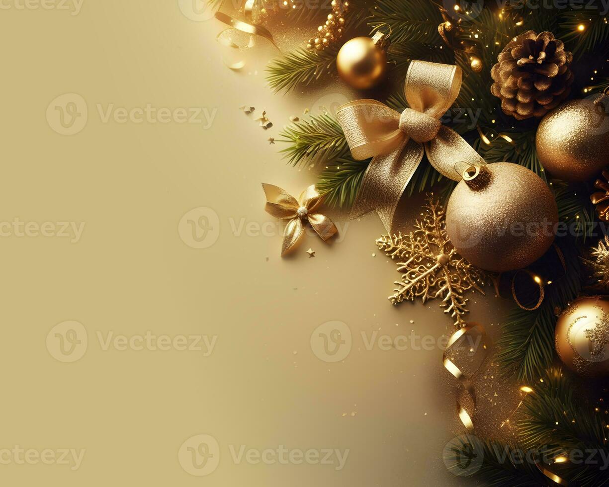 Golden christmas background with fir tree, golden balls, gift boxes and decorations. AI Generative photo