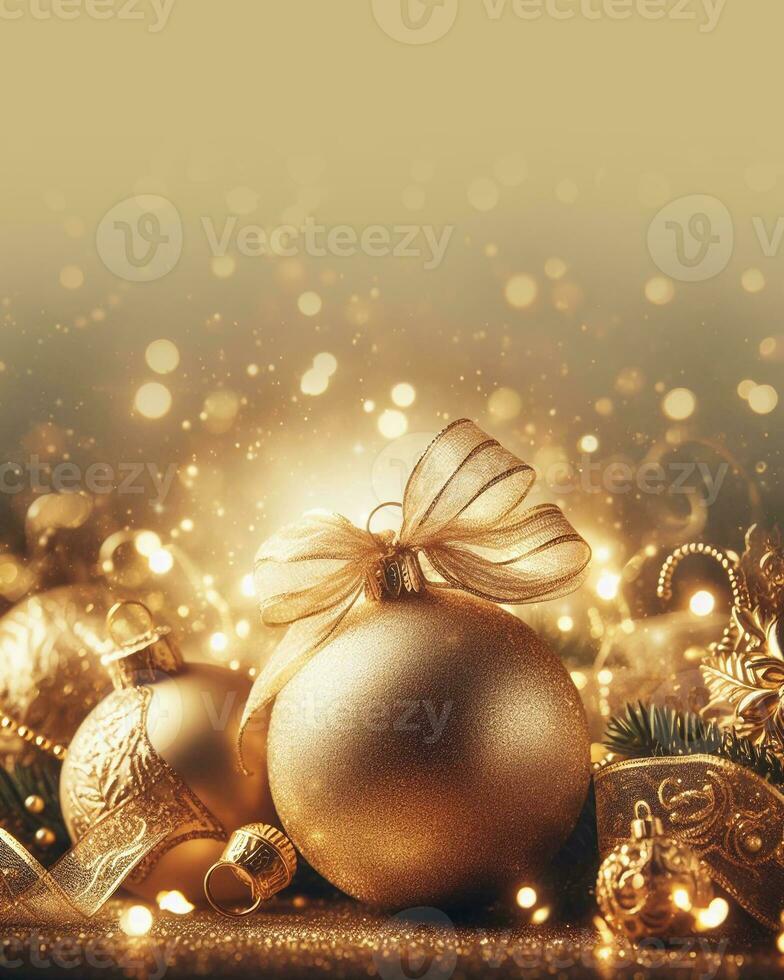 Golden christmas background with fir tree, golden balls, gift boxes and decorations. AI Generative photo