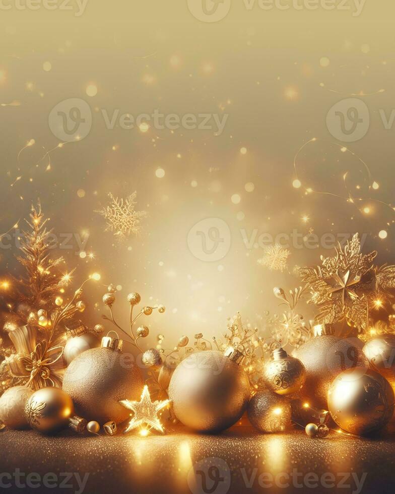 Golden christmas background with fir tree, golden balls, gift boxes and decorations. AI Generative photo